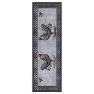 Rooster Collection Non-Slip Rubberback Rooster Design 2x5 Kitchen Runner Rug, 1 ft. 8 in. x 4 ft. 11 in., Gray