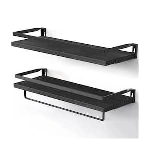 16.5  in. W x 3.2 in. H x 5.9 in. D Solid Wood Rectangular Floating Wall Shelf in Black with Towel Bar (Set of 2)