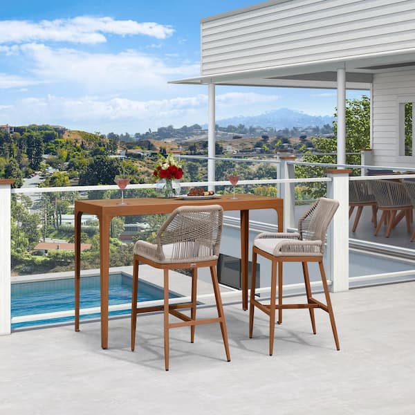 PURPLE LEAF Modern Aluminum Rectangle Bar Height Top Table and Wicker Outdoor Bar Stool Set with White Cushions, 3-pack