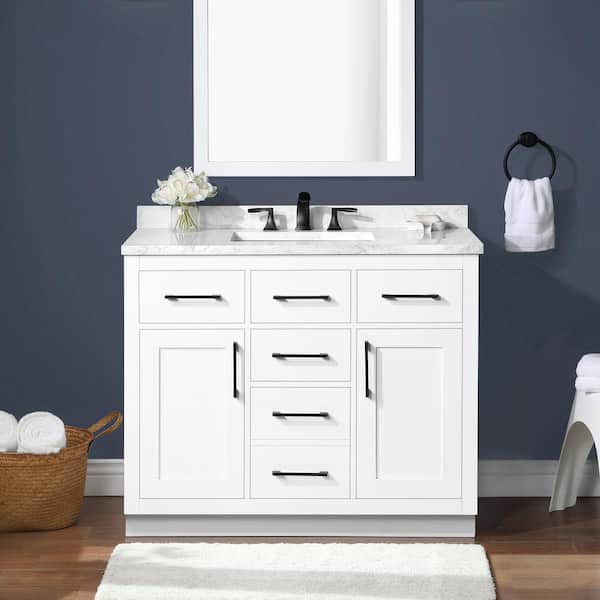 OVE Decors Athea 42 in. W x 22 in. D x 34 in. H Single Sink Bath Vanity in White with White Engineered Marble Top with Outlet
