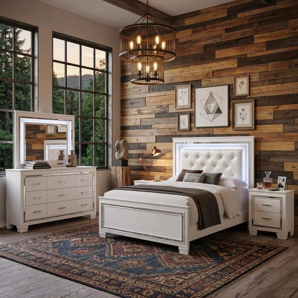 Modern 4-Piece White Wood Queen Bedroom Set with Nightstand and Clothing Storage price history on PriceWatchPro