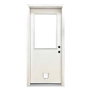 32 in. x 80 in. Reliant Series Clear Half Lite LHIS White Primed Fiberglass Prehung Back Door with Small Cat Door