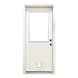 36 in. x 80 in. Reliant Series Clear Half Lite LHIS White Primed Fiberglass Prehung Front Door with Small Cat Door