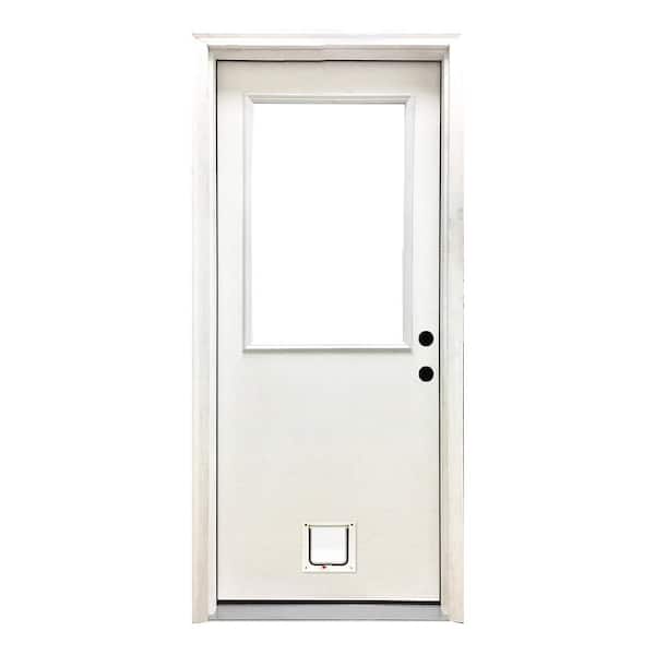 36 in. x 80 in. Reliant Series Clear Half Lite LHIS White Primed Fiberglass Prehung Front Door with Small Cat Door