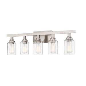Chicago 35.75 in. 5-Light Brushed Polished Nickel Finish Vanity Light with Seeded Glass