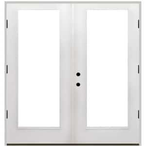 56 in. x 80 in. Reliant Series Clear Full Lite White Primed Left Hand Outswing Fiberglass Double Prehung Patio Door
