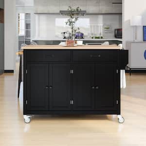 Black Rolling Kitchen Island Cart with Rubber Wood Top and Locking Wheels (54 in. W)
