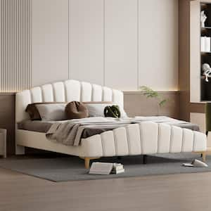 Beige Wood Frame Queen Velvet Upholstered Platform Bed with Stripe Decorated Headboard, Golden Metal Bed Legs