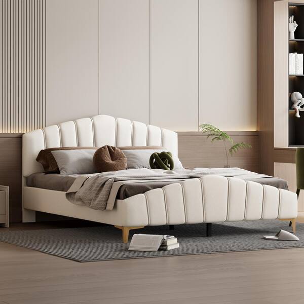 Harper & Bright Designs Beige Wood Frame Queen Velvet Upholstered Platform Bed with Stripe Decorated Headboard, Golden Metal Bed Legs