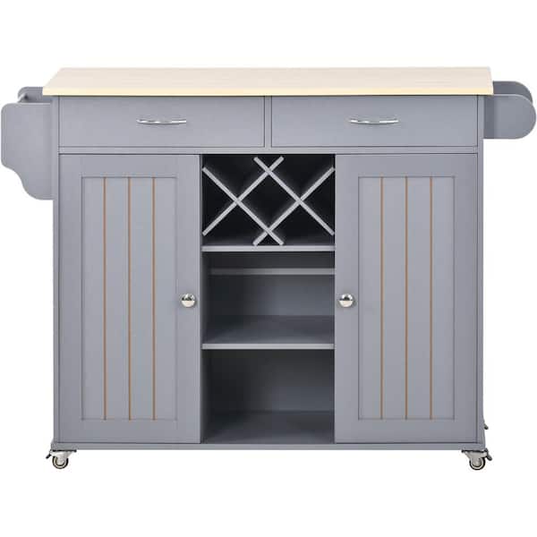 Unbranded Blue Wood 48 in. Kitchen Island with 2-Storage Cabinets and Drawers, Wine Rack, Spice Rack, Towel Rack