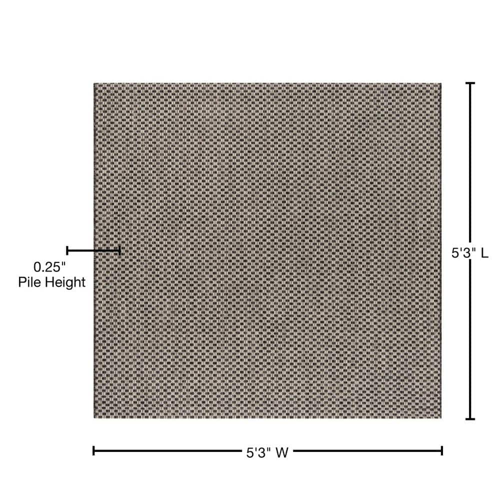 Black and Light Grey Synthetic Square Indoor/Outdoor Rug, 5'3" x 5'3"