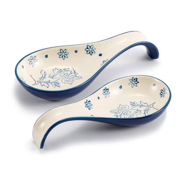 Hand Painted Ceramic Spoon Rest Set of 2 Colorful Porcelain Spoon Holders 7.65 in by 3.35 in for Kitchen Counter