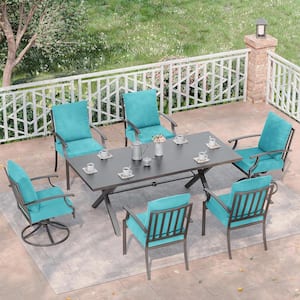 7-Piece Metal Patio Outdoor Dining Set with 2 Swivel Chairs, 4 Chairs, Large Table, Umbrella Hole and Blue Cushions