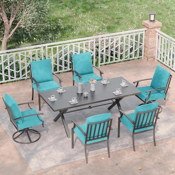 7-Piece Metal Patio Outdoor Dining Set with 2 Swivel Chairs, 4 Chairs, Large Table, Umbrella Hole and Blue Cushions