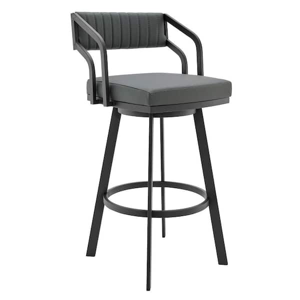 Benjara 30 in. Gray and Black Low Back Metal Frame Barstool Chair with Faux Leather Seat