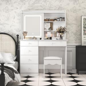 5-Drawers White Wood LED Lights Push-Pull Mirror Makeup Vanity Sets Dressing Table Sets with Stool and Hidden Shelves