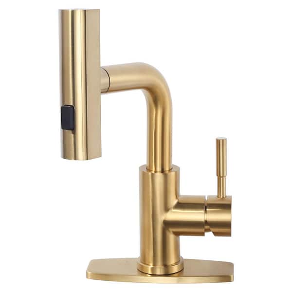 IVIGA 3 Modes Single Handle Stainless Steel Waterfall Bar Faucet with Pull Down Sprayer and Deckplate in Brushed Gold