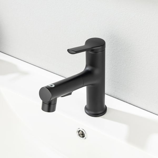 Single-Handle Single Hole Bahtroom Faucet with Deckplate and Supply Line Included Pull Out in Matte Black