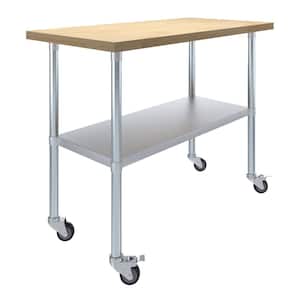 Maple Wood Top 24 in. x 48 in. Kitchen Prep Table with Casters and Adjustable Bottom Shelf.