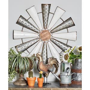 Metal White Windmill Wall Decor with Galvanized Metal Accents