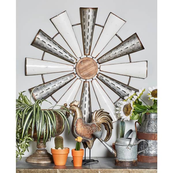 Litton Lane 31 in. x  31 in. Metal White Windmill Wall Decor with Galvanized Metal Accents