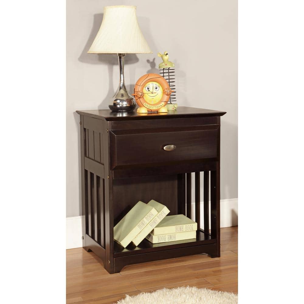 Solid Pine Espresso Nightstand with Framed Detail and Silver Pull