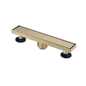 12 in. Linear Shower Drain, Included Hair Strainer and Leveling Feet in Brushed Gold