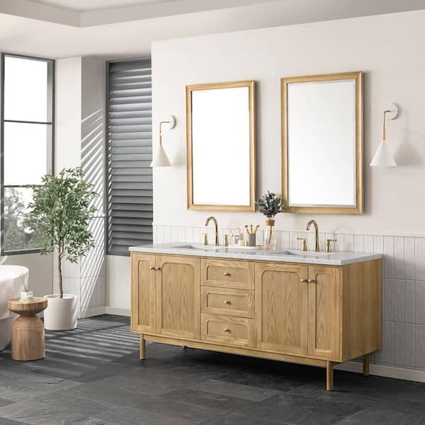 James Martin Vanities Laurent 72.0 in. W x 23.5 in. D x 34.2 in. H Bathroom Vanity in Light Natural Oak with Eternal Jasmine Pearl Quartz Top