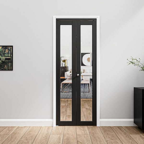 32 in. x 80 in. 1-Lite Mirrored Glass and Solid Core Black Finished MDF Interior Closet Bi-fold Door with Hardware
