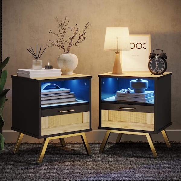 Bestier Black Single Drawer LED Modern Rattan Beside End Table Bedroom Nightstand, Set of 2