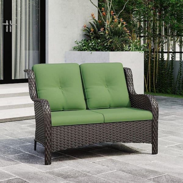 2-Seat Wicker Outdoor Patio Loveseat Sofa Couch with Soft Green Cushions
