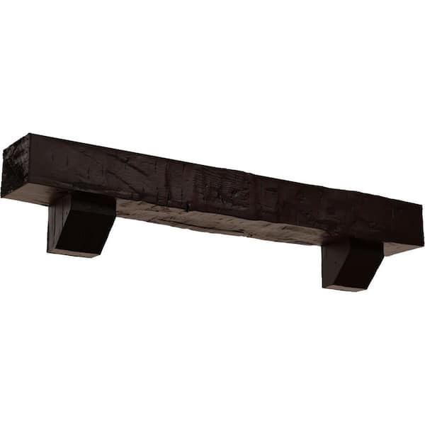 Ekena Millwork 4 in. x 4 in. x 5 ft. Hand Hewn Faux Wood Fireplace Mantel Kit with Ashford Corbels, Premium Mahogany