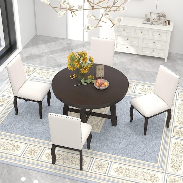 AOY 5-Piece Farmhouse Round Espresso Wood Top Bar Table Set Dining Room Set Seats 4 with Extendable