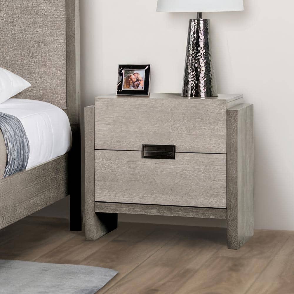 Noe Billy 26 Inch Nightstand, 2 Drawers, Gray Faux Concrete, Oak Laminate  By Casagear Home main image 0