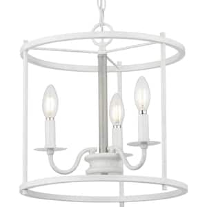 Somstreet 13.75 in. 3-Light Cottage White Cage Pendant Light with Bleached Oak Accents