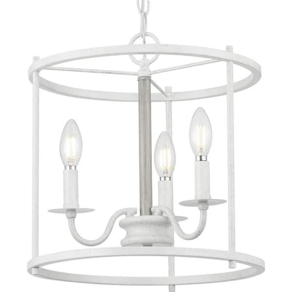 Progress Lighting Somstreet 13.75 in. 3-Light Cottage White Cage Pendant Light with Bleached Oak Accents