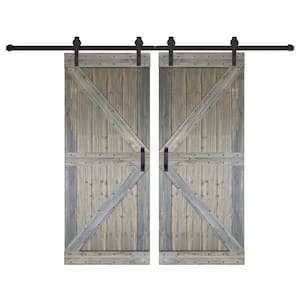 K Series 76 in. x 84 in. Aged Barrel Finished DIY Solid Wood Double Sliding Barn Door with Hardware Kit