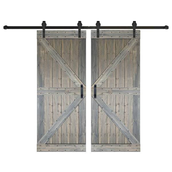 ISLIFE K Series 76 in. x 84 in. Aged Barrel Finished DIY Solid Wood Double Sliding Barn Door with Hardware Kit