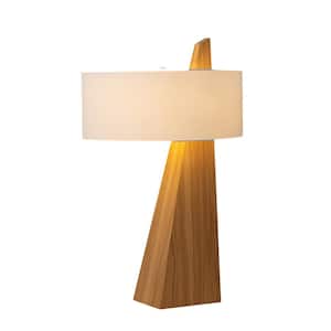 29 in. Obelisk Table Lamp Natural Ash Wood Finish, White Cotton-Linen Shade