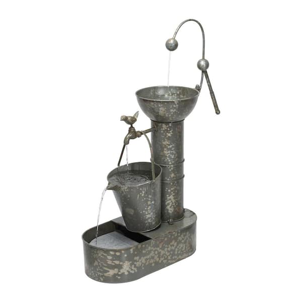 Alpine Corporation 34 in. Tall Outdoor 3-Tiered Rustic Metal Water Pump Fountain, Gray