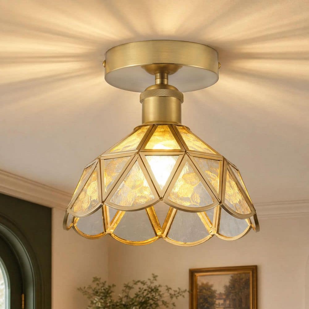 7.68 in. Vintage Lantern Brushed Brass Semi-Flush Mount with Water Texture Glass Ceiling Light for Foyer price history on PriceWatchPro