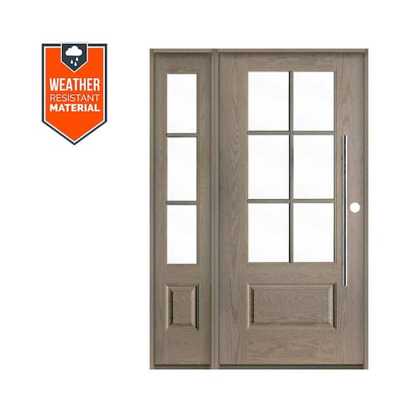 Krosswood Doors Faux Pivot 50 in. x 79 in. 6-Lite Left-Hand/Inswing Clear Glass Oiled Leather Stain Fiberglass Prehung Front Door w/LSL