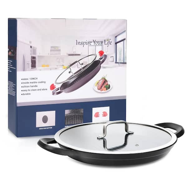 13 in. Nonstick Aluminum Grill Pans Includes Lid and Anti-Scalding Tools in Black, Dishwasher and Oven Safe