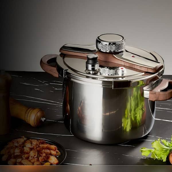 6.3 qt. Silver Stainless Steel Pressure Cooker, 12 Safety Locks, Induction & Gas Compatible, with Heat-Resistant Handles