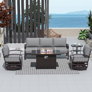 5-Seat Aluminum Patio Conversation Set with armrest, Firepit Table, Swivel Rocking Chairs and Grey Cushions