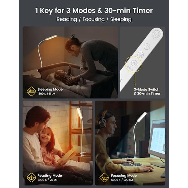 23 in. White 5-Watt Eye Caring 38 LED Clip On Light, 5 Color and 5 Brightness, Remote, Clip-On Desk Lamp