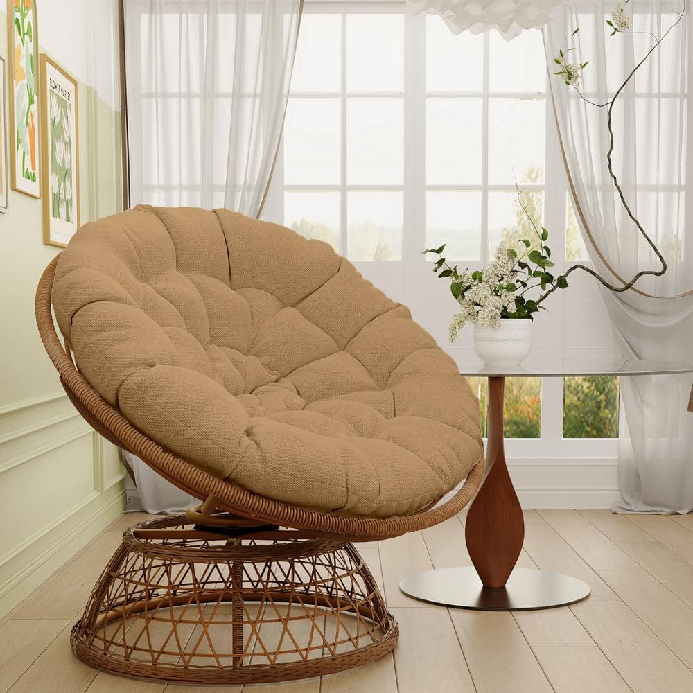 Wicker Outdoor Lounge Chair Papasan Chair with Camel Cushion and