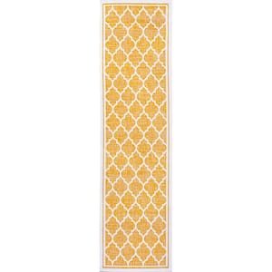 Trebol Moroccan Yellow/Cream 2 ft. x 10 ft. Trellis Textured Weave Indoor/Outdoor Area Rug