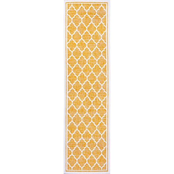 Trebol Moroccan Yellow/Cream 2 ft. x 10 ft. Trellis Textured Weave Indoor/Outdoor Area Rug