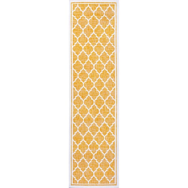 Trebol Moroccan Yellow/Cream 2 ft. x 8 ft. Trellis Textured Weave Indoor/Outdoor Area Rug